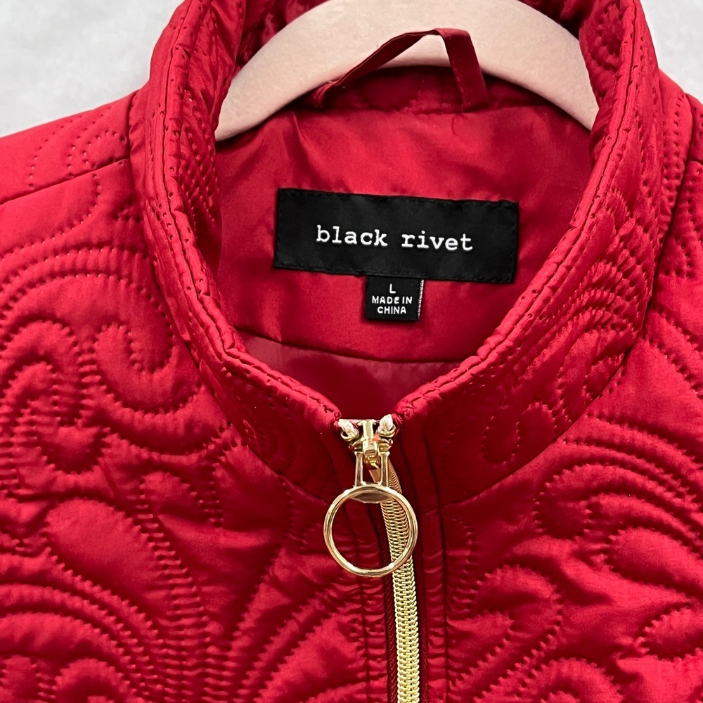 Black Rivet Puffer Vest Women Large Red Swirl Quilted Gold Zip Layering Chic - Picture 3 of 8